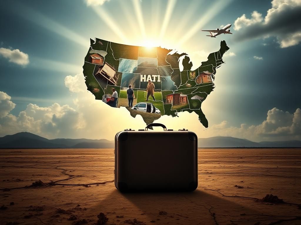 Flick International A map of Haiti with symbolizing imagery of natural disasters and empty suitcases on barren ground representing displaced families.