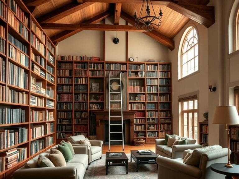 Flick International Cozy interior of a luxurious home with floor-to-ceiling bookshelves and thousands of hardcover books