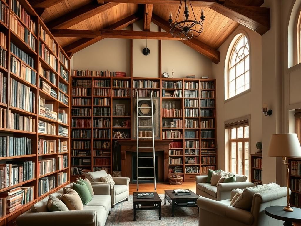 Flick International Cozy interior of a luxurious home with floor-to-ceiling bookshelves and thousands of hardcover books