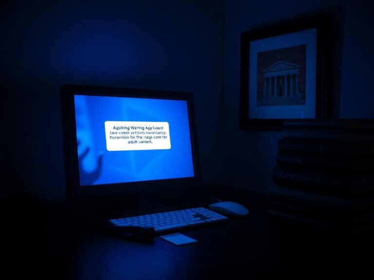 Flick International Dimly lit room with a computer screen displaying an age verification warning for adult sites