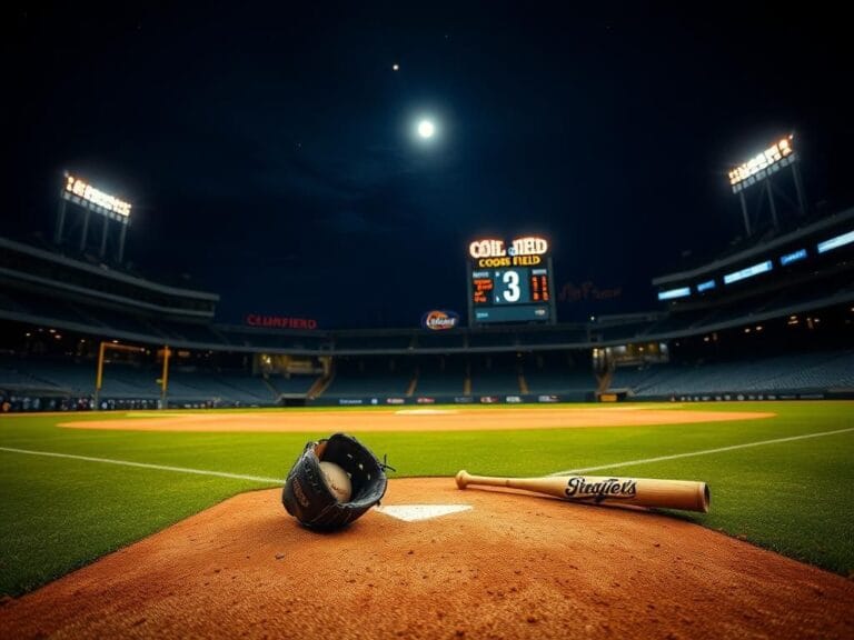 Flick International A dramatic nighttime baseball scene at Coors Field, highlighting the Dodgers' bullpen with a glove and bat.