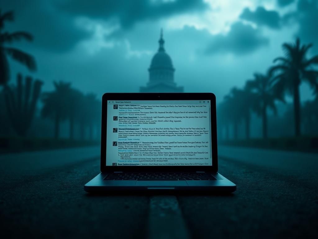 Flick International Foggy street in Florida with a weathered laptop displaying threatening messages