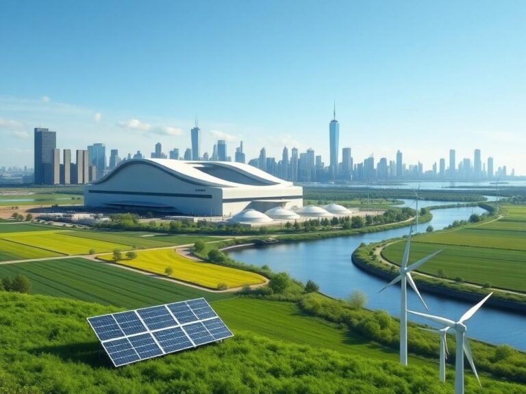 Flick International A futuristic nuclear power plant integrated into New York's skyline with renewable energy features