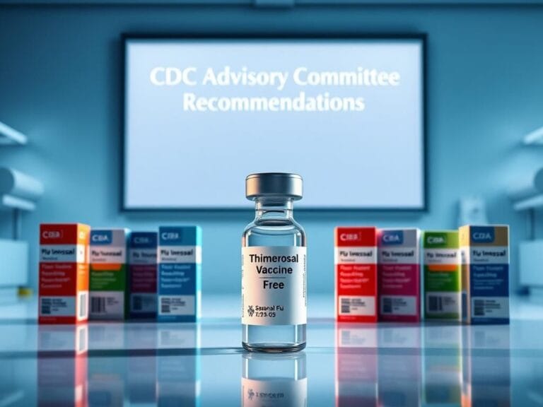 Flick International Modern laboratory featuring a thimerosal-free vaccine vial with colorful seasonal flu vaccine packaging