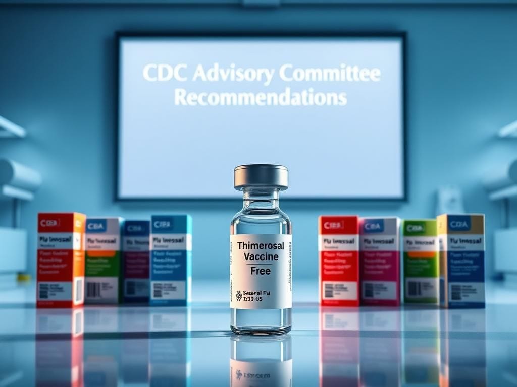 Flick International Modern laboratory featuring a thimerosal-free vaccine vial with colorful seasonal flu vaccine packaging