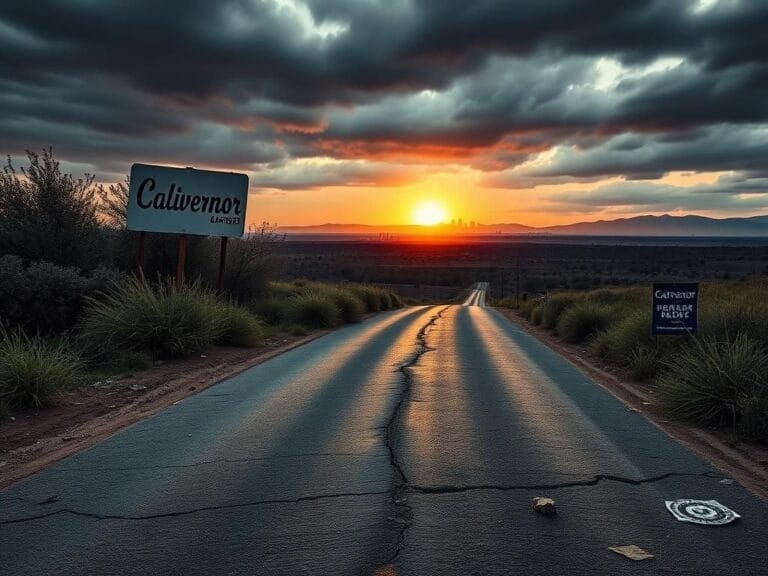 Flick International A desolate California landscape with a faded 'Governor' sign symbolizing political uncertainty