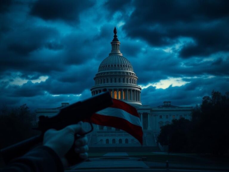Flick International Dramatic depiction of the U.S. Capitol at dusk with ominous storm clouds and a shadow of a gun pointing towards it.