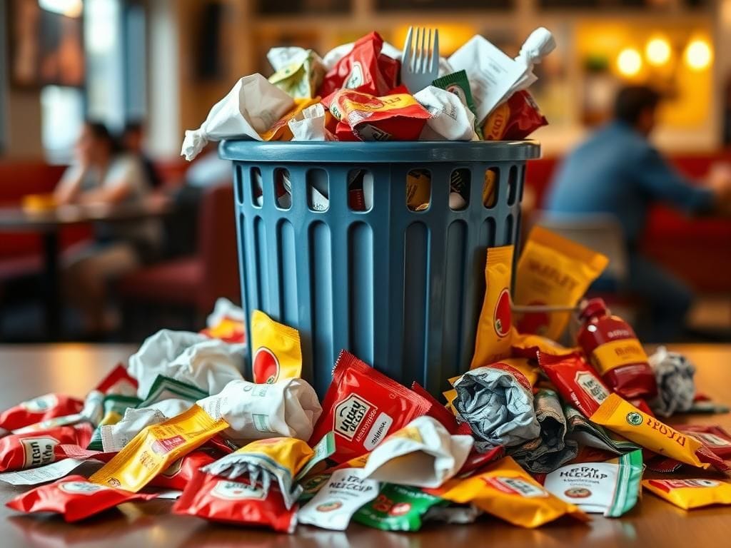 Flick International A striking arrangement of condiment packets and crumpled napkins in a trash can reflecting waste