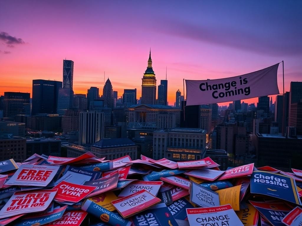 Flick International A dynamic cityscape of New York City at dusk with colorful campaign posters reflecting political change