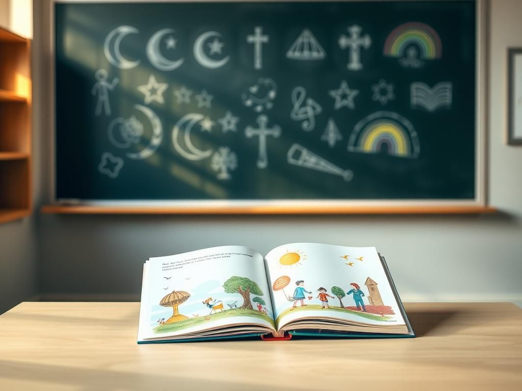 Flick International A serene classroom setting featuring a wooden desk and an open children's storybook illustrating themes of nature and community.