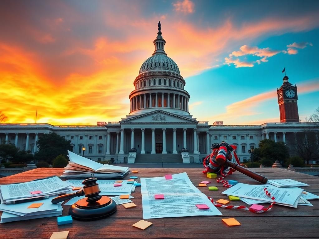 Flick International A majestic Capitol building at sunset with a weathered desk full of documents symbolizing legislative urgency