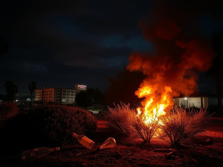 Flick International Los Angeles hotel exterior with fire burning in bushes and dark clouds overhead