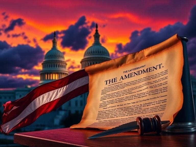 Flick International U.S. Capitol building at sunset with American flag and 14th Amendment parchment