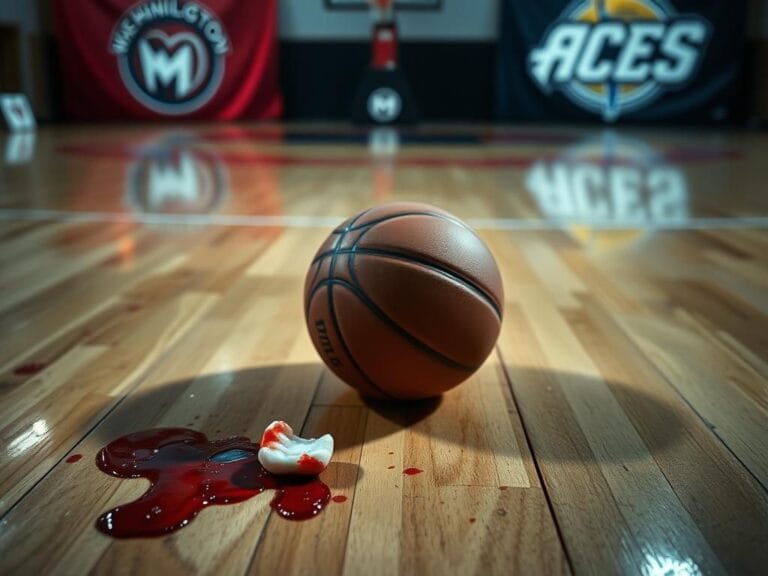 Flick International Close-up view of a bloodied basketball court featuring a chipped tooth after Jade Melbourne's injury