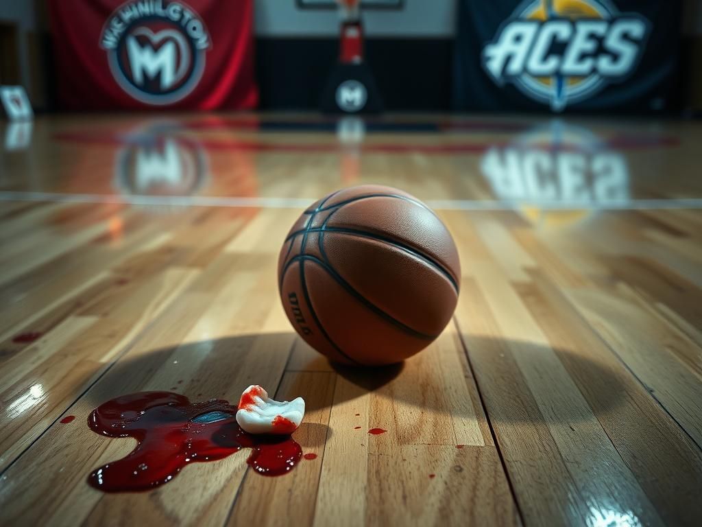 Flick International Close-up view of a bloodied basketball court featuring a chipped tooth after Jade Melbourne's injury