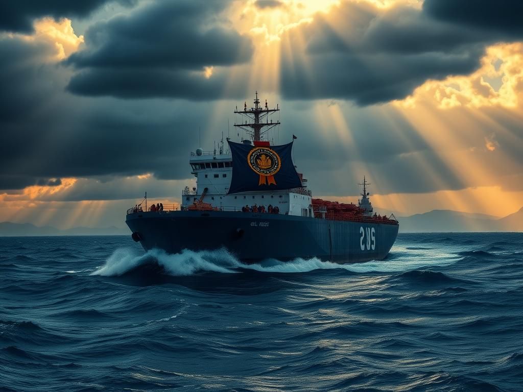 Flick International A Navy oil tanker sailing through turbulent waters under a stormy sky