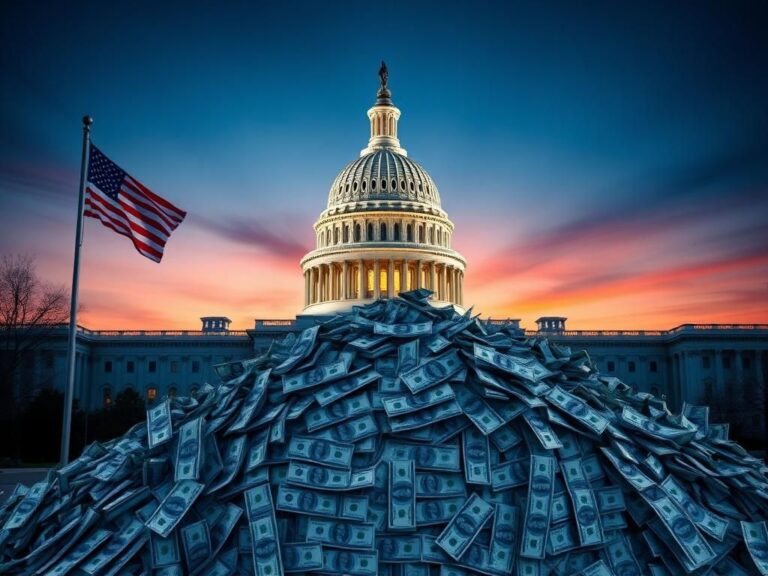 Flick International Dramatic view of the U.S. Capitol at twilight with an American flag and a cascade of dollar bills symbolizing political contributions