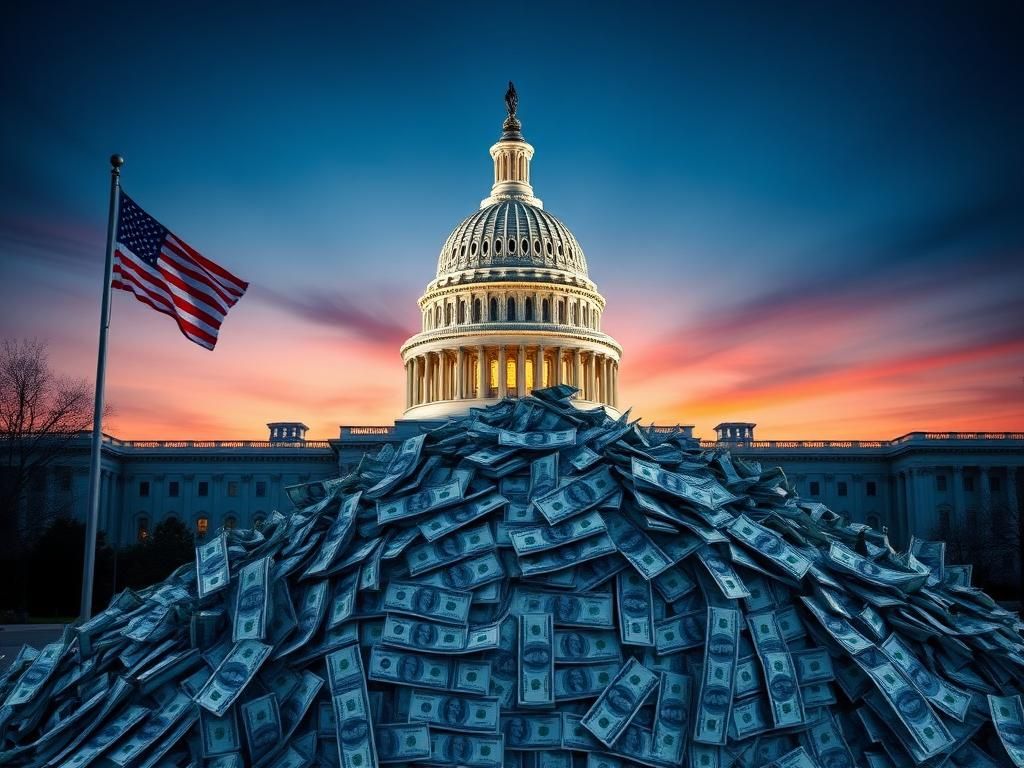 Flick International Dramatic view of the U.S. Capitol at twilight with an American flag and a cascade of dollar bills symbolizing political contributions