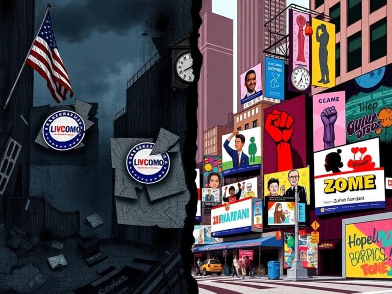 Flick International A split image contrasting the political divide within New York's Democratic Party, depicting dark urban chaos for moderate Democrats and a vibrant cityscape for progressive ideals.