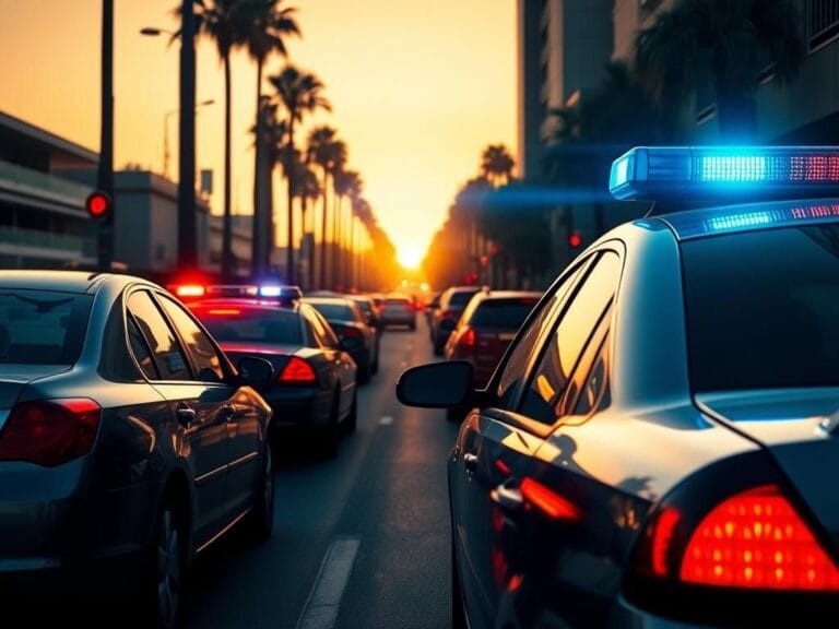 Flick International Police car with flashing lights in a busy urban street scene