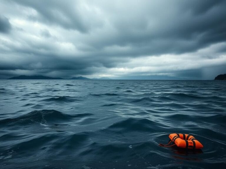 Flick International Life jacket floating on choppy waters of Lake Tahoe under storm clouds