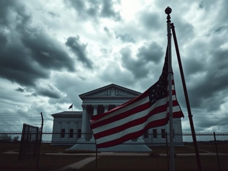 Flick International A dramatic U.S. courthouse surrounded by security fences against a turbulent sky