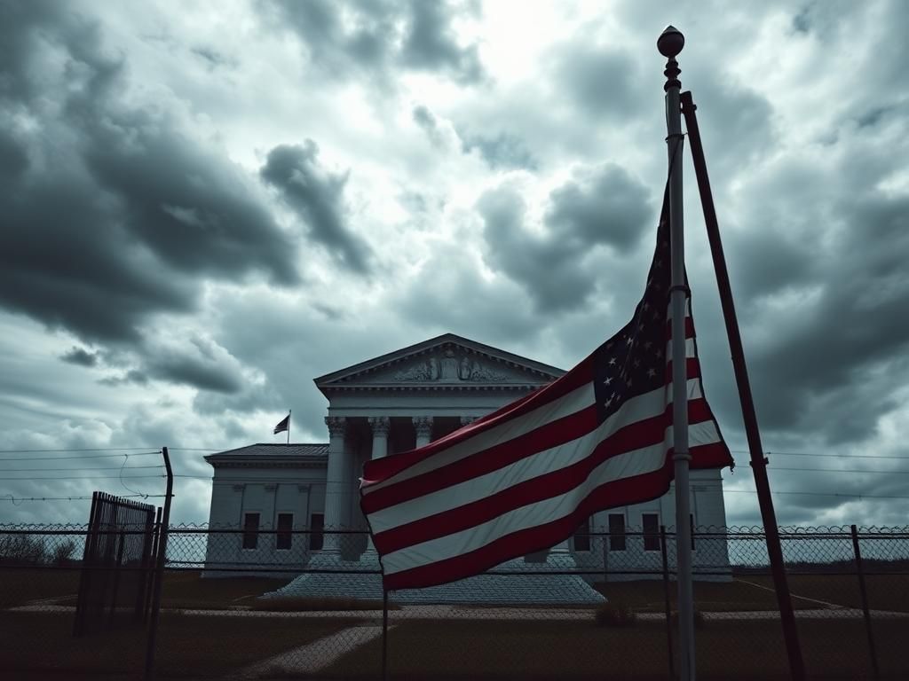 Flick International A dramatic U.S. courthouse surrounded by security fences against a turbulent sky