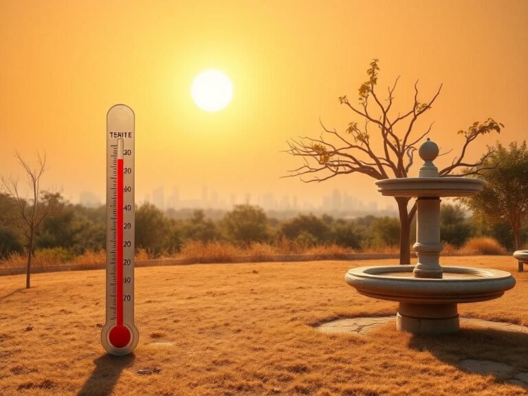 Flick International A serene, sun-drenched landscape showcasing a desolate park under extreme heat conditions