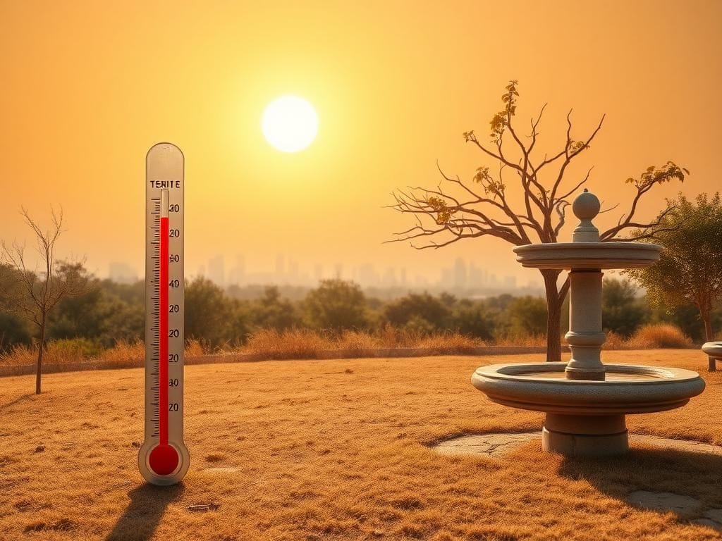 Flick International A serene, sun-drenched landscape showcasing a desolate park under extreme heat conditions