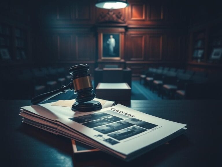 Flick International Dark courtroom scene with gavel and case evidence documents