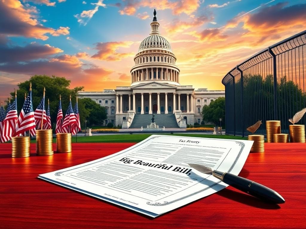 Flick International A detailed view of the U.S. Capitol building under a clear July sky, with an open document titled 'Big, Beautiful Bill' in the foreground.