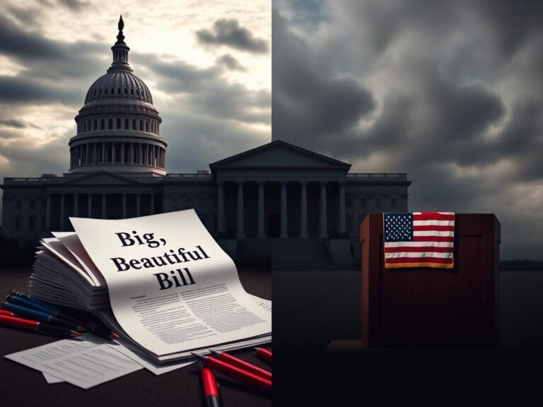 Flick International Grand U.S. Capitol building with imposing shadows under a cloudy sky alongside legislative documents representing political tension.