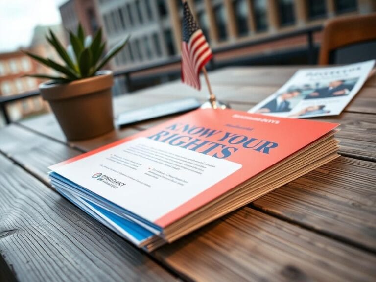 Flick International Close-up of bilingual mailers on a rustic wooden table emphasizing community support against ICE operations.