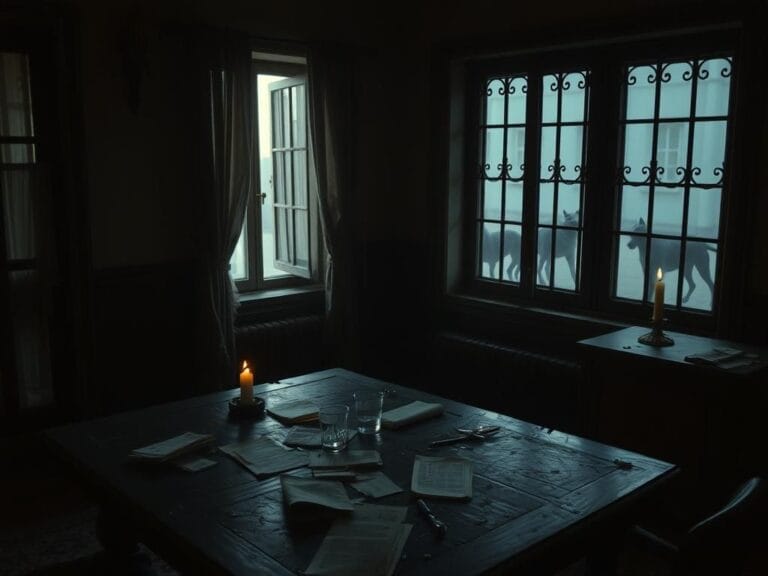 Flick International A dimly lit room in an abandoned embassy with a dusty table, crumpled documents, and a silhouette of a rifle barrel visible through a curtained window.