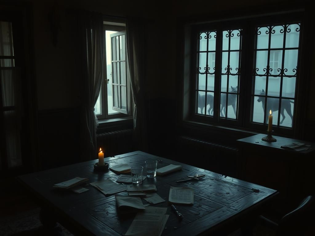 Flick International A dimly lit room in an abandoned embassy with a dusty table, crumpled documents, and a silhouette of a rifle barrel visible through a curtained window.