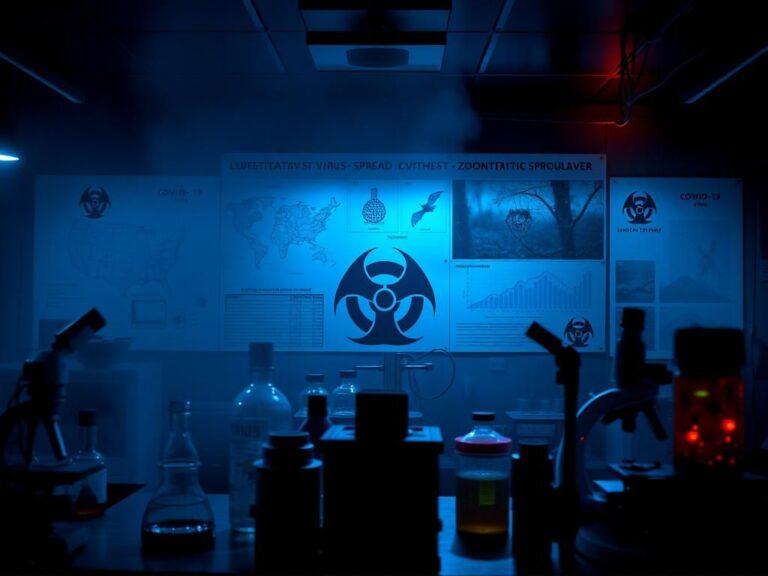 Flick International A dark laboratory environment with biohazard symbols and scientific equipment