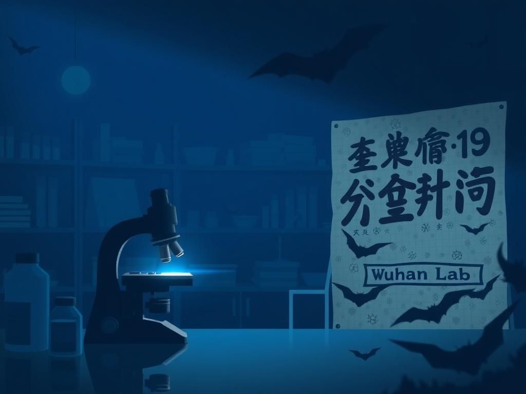 Flick International conceptual illustration of a dark laboratory with a microscope and shadowy silhouettes, indicating the mysterious origins of COVID-19