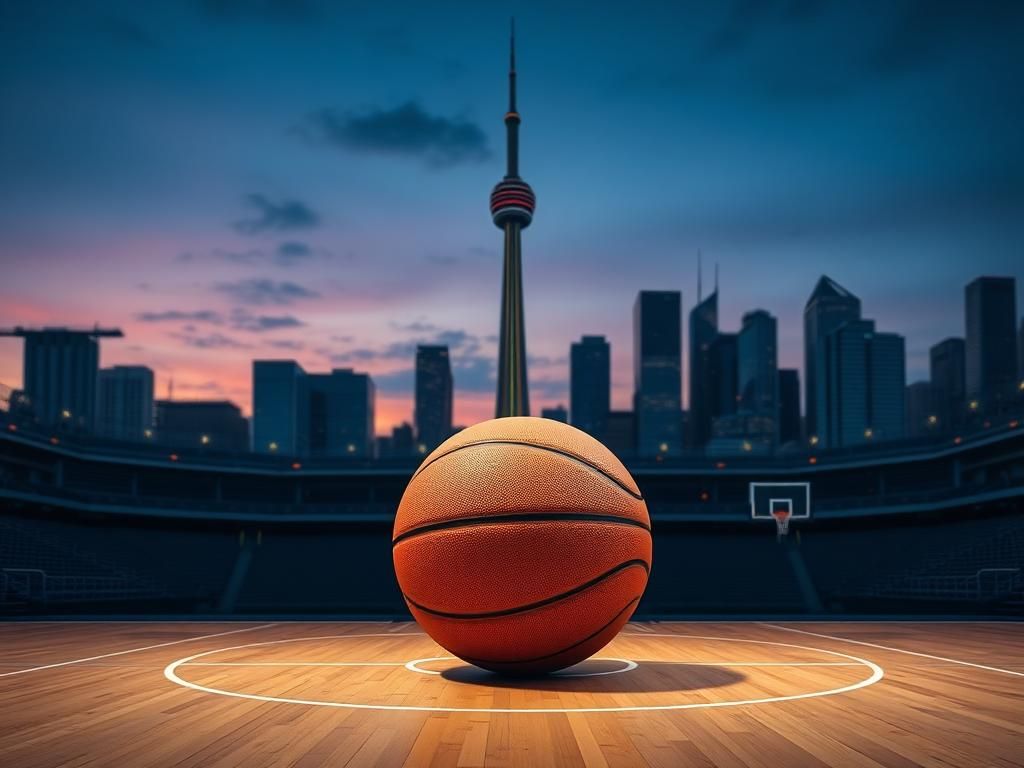Flick International Toronto skyline at dusk with CN Tower and a polished basketball on an empty court symbolizing change