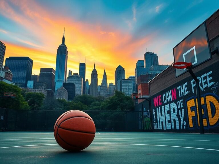 Flick International Vibrant urban landscape of New York City with a basketball court and graffiti wall
