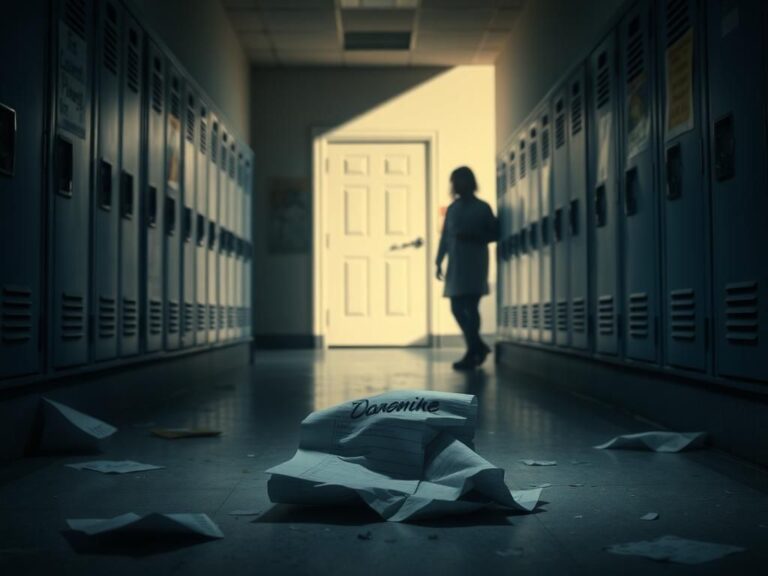 Flick International A dimly lit school hallway with empty lockers and a crumpled paper symbolizing parental conflict