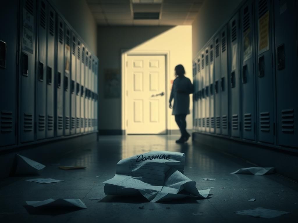 Flick International A dimly lit school hallway with empty lockers and a crumpled paper symbolizing parental conflict