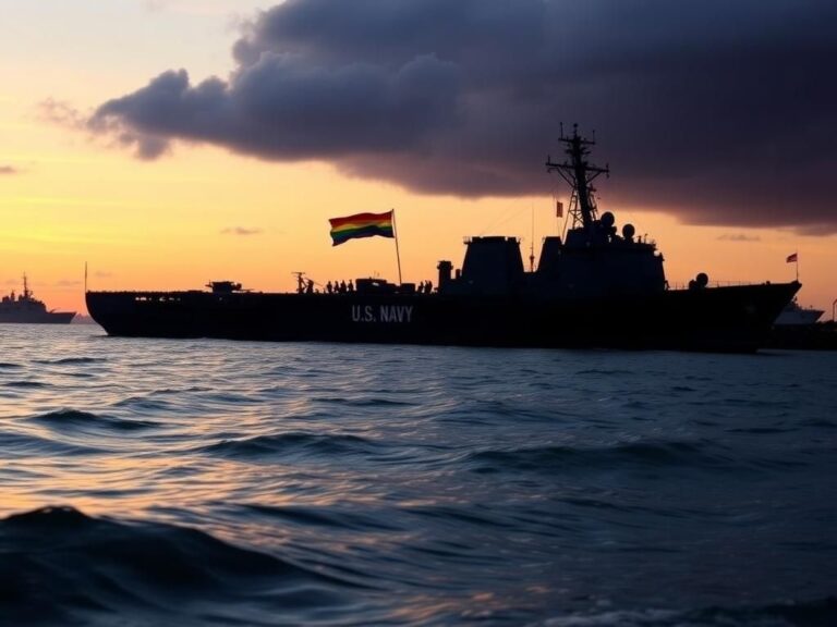Flick International USNS Harvey Milk ship at harbor during sunset with rainbow flag