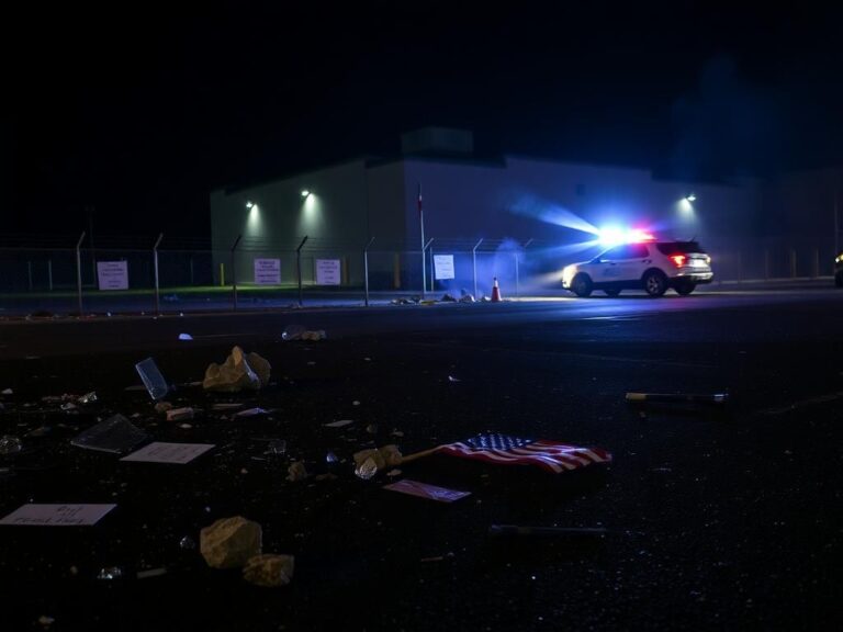 Flick International Chaotic nighttime scene outside an ICE facility in South Portland, illustrating the aftermath of a violent protest.