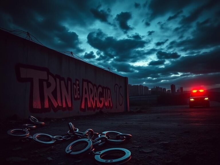 Flick International Dark urban landscape with graffiti reading 'Tren de Aragua' and broken chains symbolizing crime enforcement