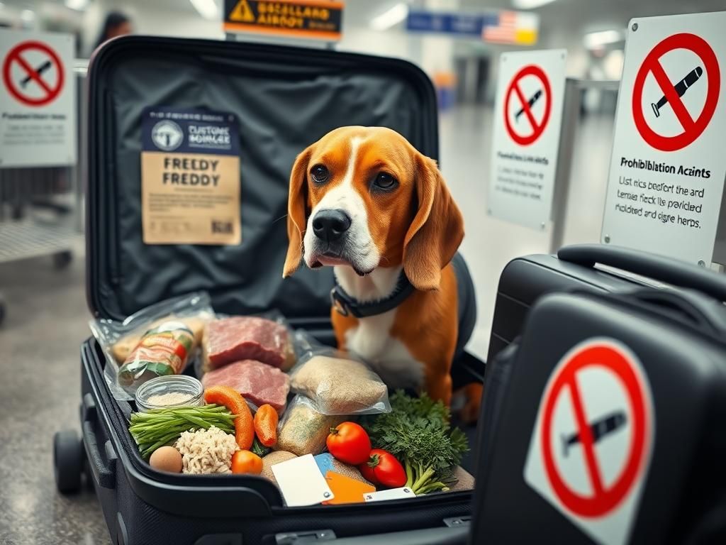 Flick International A concerned U.S. Customs and Border Protection beagle named Freddy standing by an open suitcase filled with prohibited food items at Dulles Airport