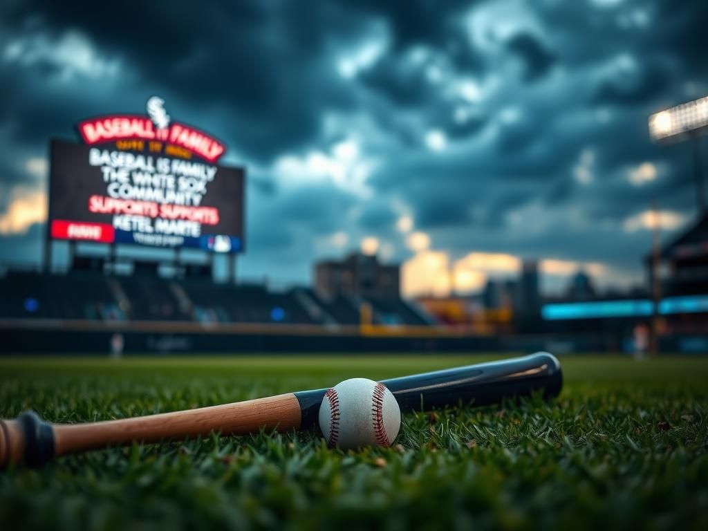 Flick International A somber baseball field scene showcasing a tarnished baseball and a bat on the grass