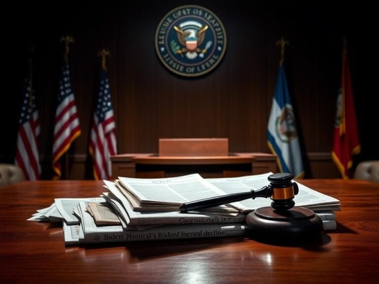 Flick International Dimly lit congressional hearing room with empty podium and American flags