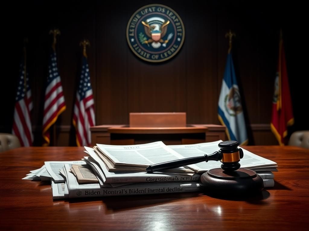 Flick International Dimly lit congressional hearing room with empty podium and American flags