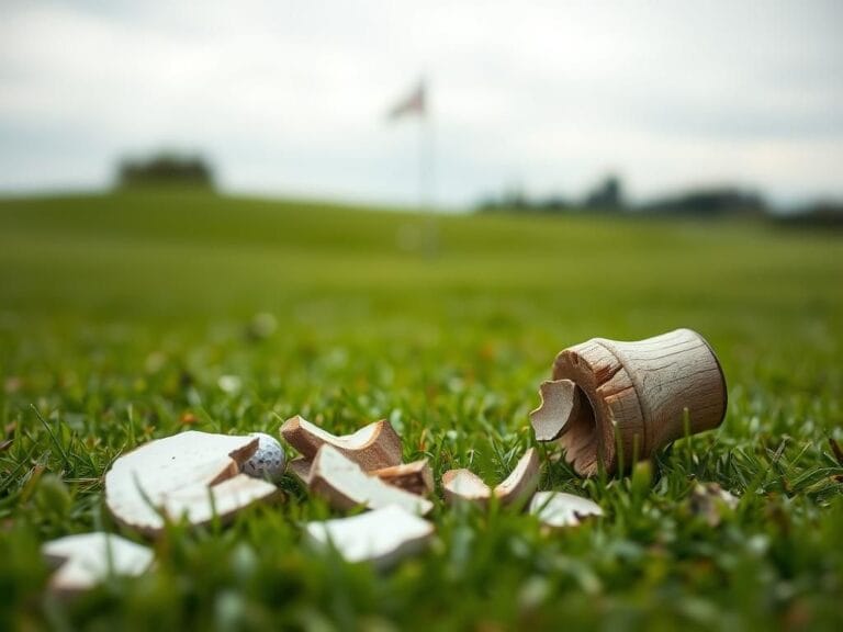 Flick International Close-up of a shattered golf tee marker on a lush green golf course