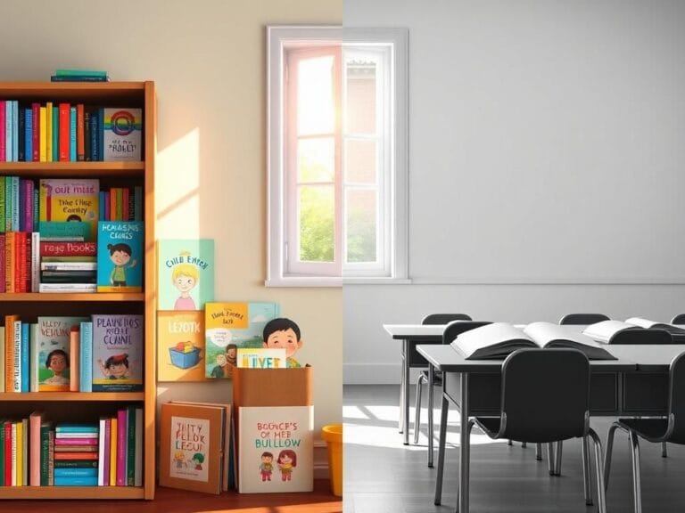 Flick International A vibrant, colorful bookshelf filled with diverse LGBTQ+ children's books contrasting with a stark, monochrome classroom setting.